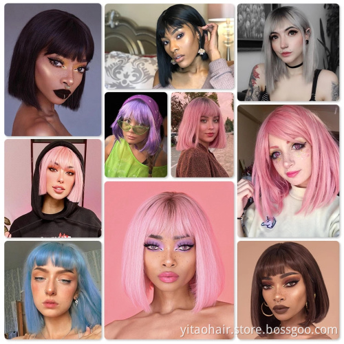 Anogol Cheap colorful  Synthetic hair Bob Wigs With Bangs  copper Brown   silk straight synthetic hair  wigs